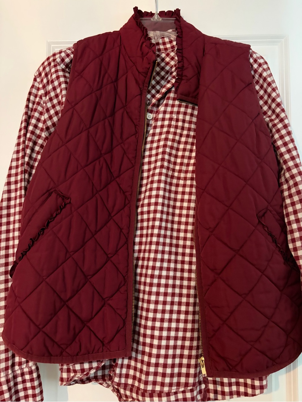 J. Crew Quilted Burgundy Vest AND matching Gingham Button-Down